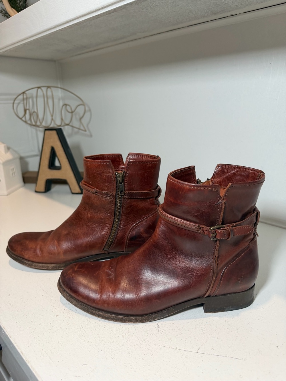Frye Womens 7B Brown Leather Moto Buckle Ankle Boots Side Zip Classic Western